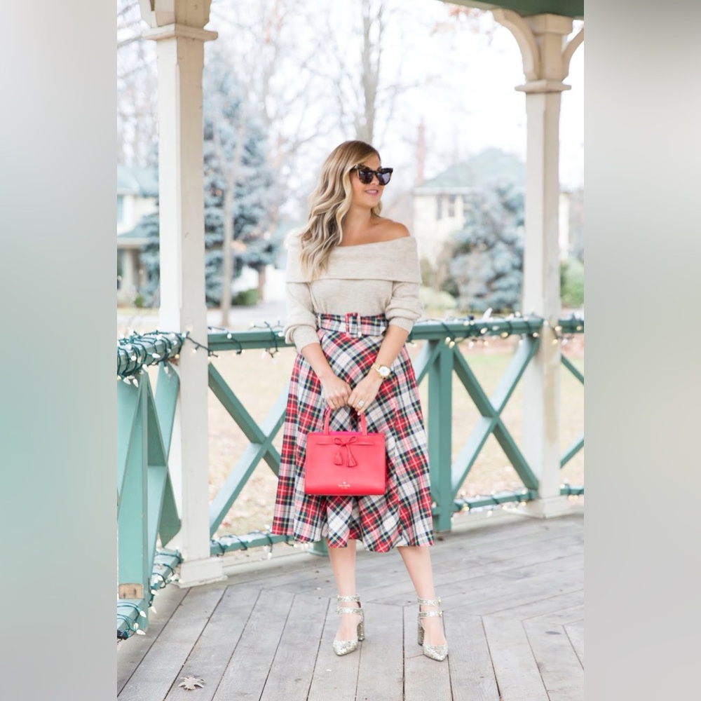H&M Plaid Midi Skirt - Red and White